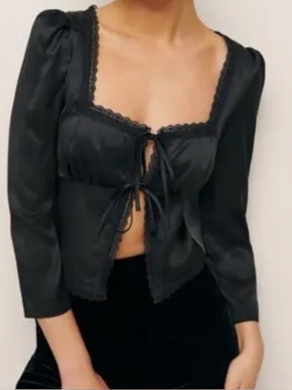 Gianni bini black satin goth lace square neck tie front top blouse L